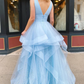 Light Blue V Neck Tulle Layers A-Line Long Prom Dress Formal Party Dress,DP1284