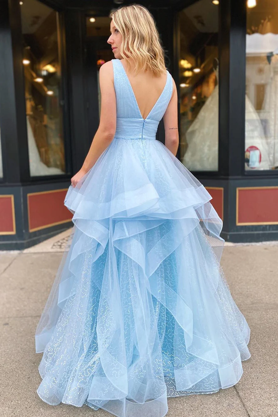 Light Blue V Neck Tulle Layers A-Line Long Prom Dress Formal Party Dress,DP1284