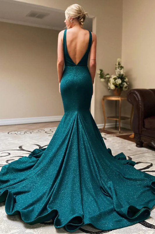 Teal V Neck Backless Mermaid Long Prom Dress Formal Party Dress,DP1286