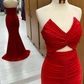 Red Strapless Twisted Knot Mermaid Long Formal Dress with Slit,DP1288