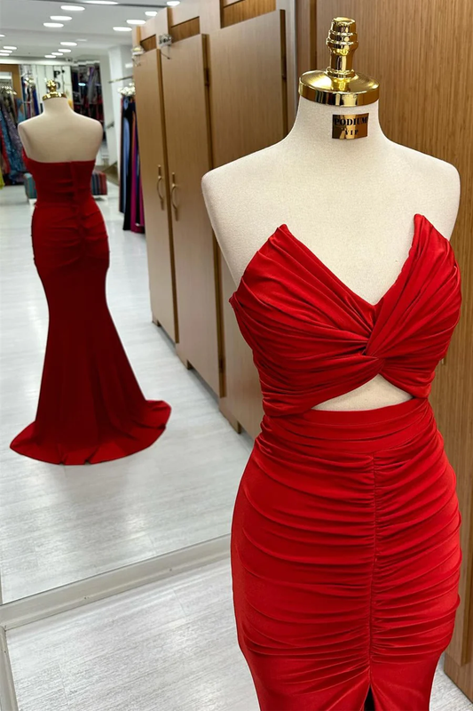 Red Strapless Twisted Knot Mermaid Long Formal Dress with Slit,DP1288