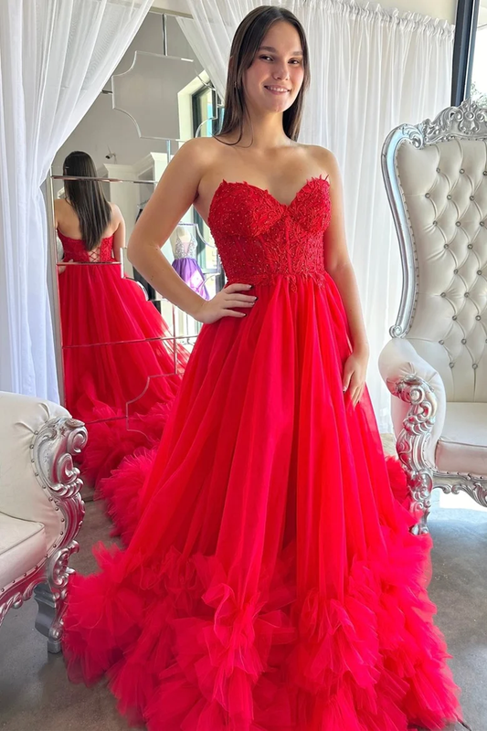 Red Sweetheart Tulle Appliques Ruffles Long Prom Dress,DP1289