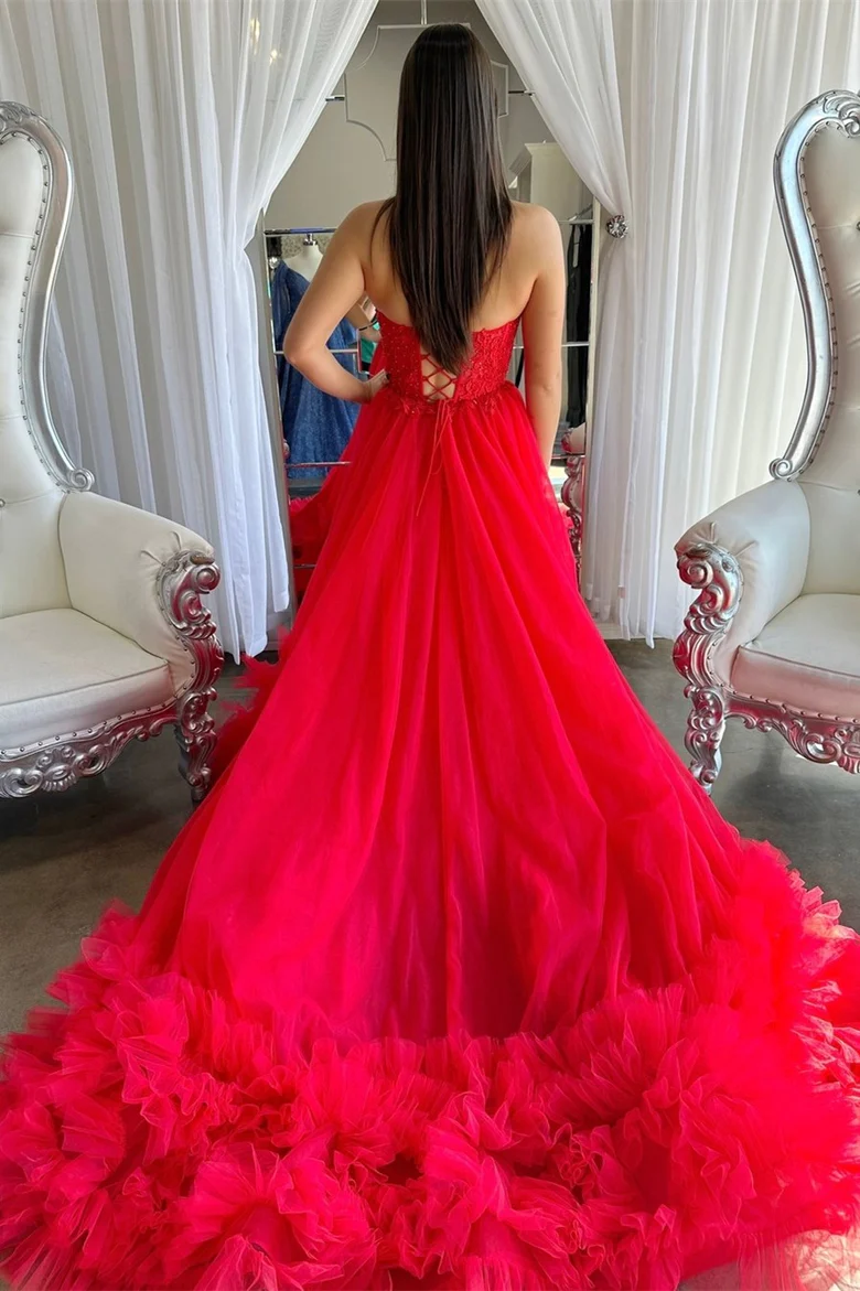 Red Sweetheart Tulle Appliques Ruffles Long Prom Dress,DP1289