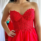 Red Sweetheart Tulle Appliques Ruffles Long Prom Dress,DP1289