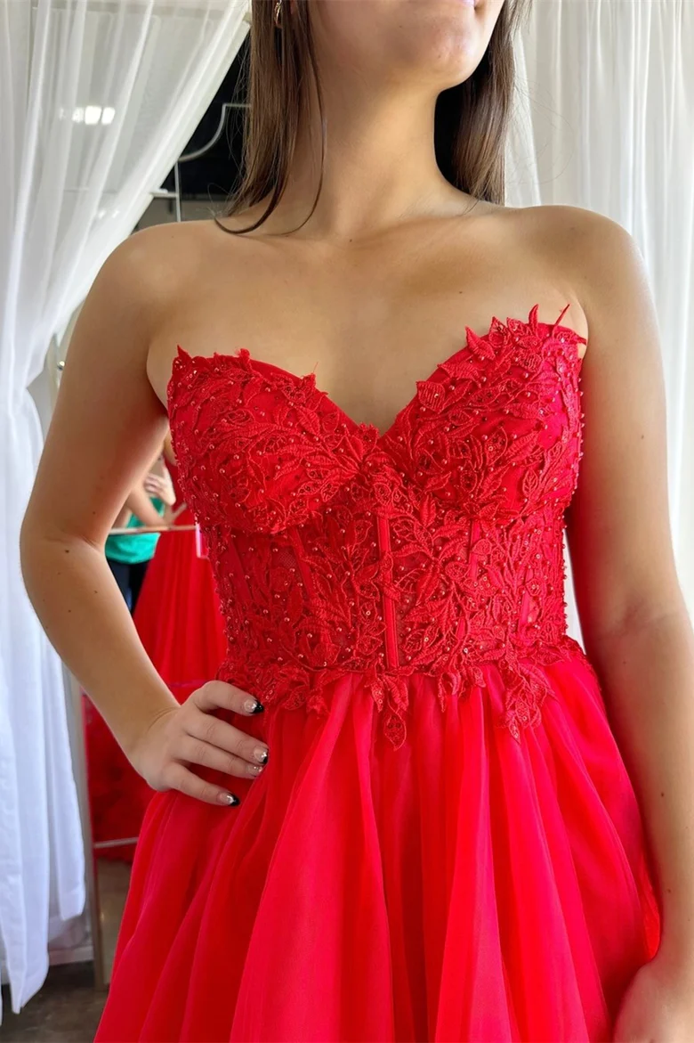 Red Sweetheart Tulle Appliques Ruffles Long Prom Dress,DP1289