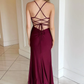 Burgundy V-Neck Lace-Up Back Long Formal Dress with Slit,DP1290