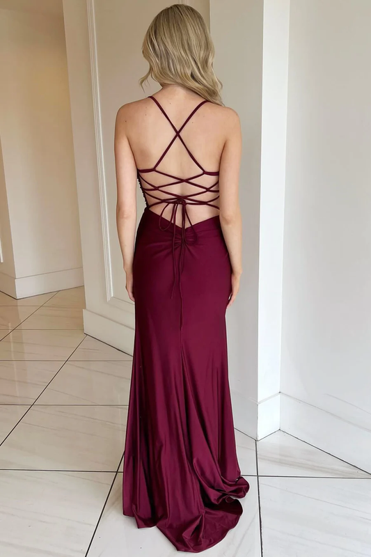 Burgundy V-Neck Lace-Up Back Long Formal Dress with Slit,DP1290