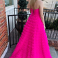 Hot Pink Strapless Tulle Tiered A-Line Long Prom Dress,DP1291