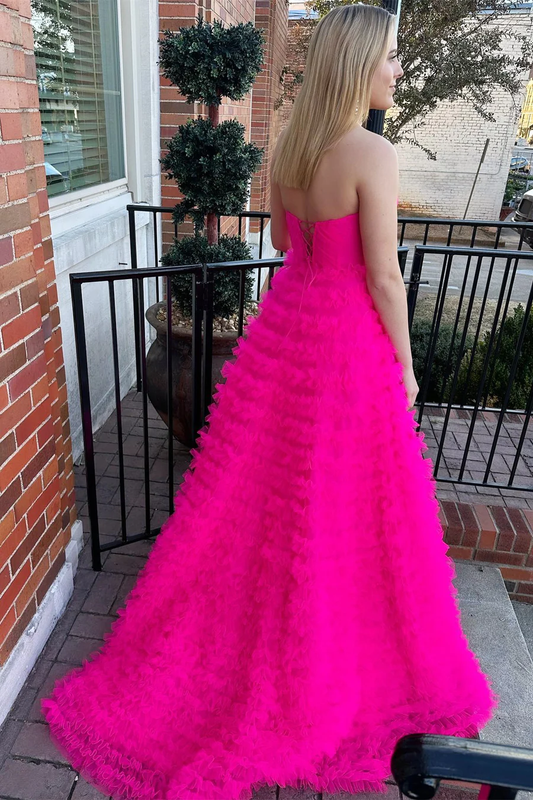 Hot Pink Strapless Tulle Tiered A-Line Long Prom Dress,DP1291