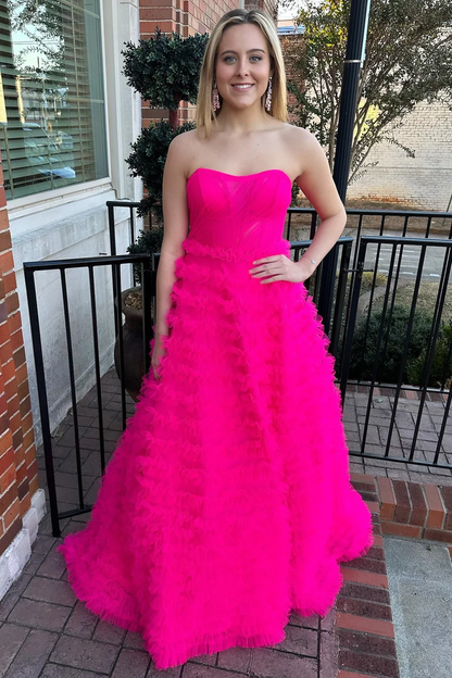 Hot Pink Strapless Tulle Tiered A-Line Long Prom Dress,DP1291