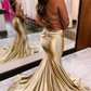 Gold V-Neck Lace-Up Mermaid Long Formal Dress,DP1292