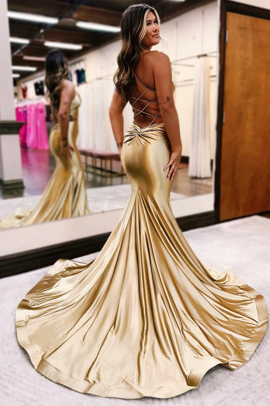 Gold V-Neck Lace-Up Mermaid Long Formal Dress,DP1292