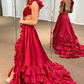 Red Cutout A-Line Backless Ruffles Long Prom Dress with Slit,DP1293