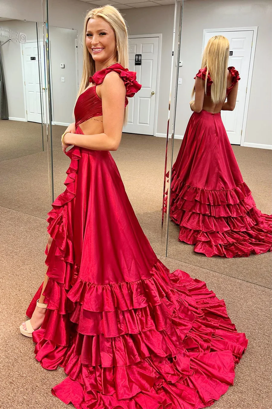 Red Cutout A-Line Backless Ruffles Long Prom Dress with Slit,DP1293