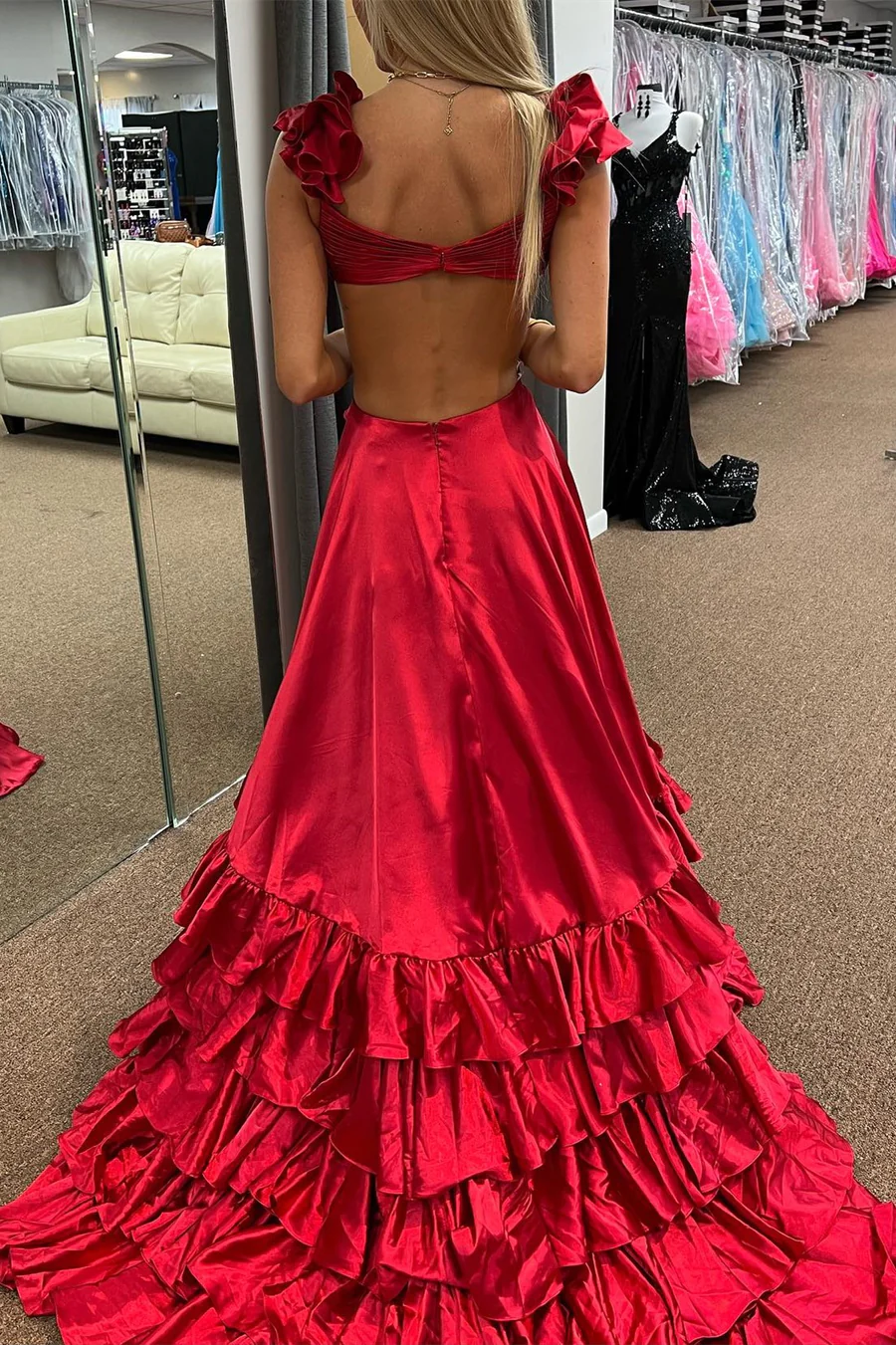 Red Cutout A-Line Backless Ruffles Long Prom Dress with Slit,DP1293