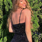 Black Spaghetti Straps Sequined Long Party Dress with Slit,DP1294