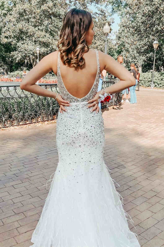 White Backless Beading Mermaid Formal Party Dress with Feather,DP1295