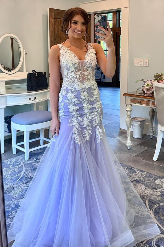 Lilac Backless Tulle Appliques Mermaid Long Prom Dress,DP1296