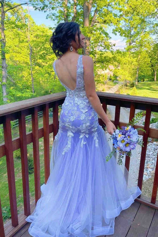 Lilac Backless Tulle Appliques Mermaid Long Prom Dress,DP1296