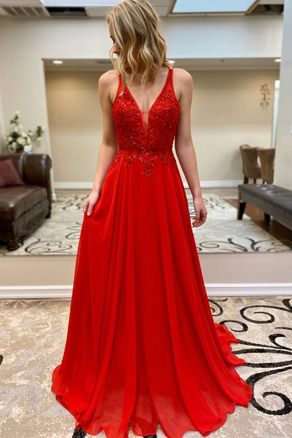 Red V Neck A-Line Sequins Long Formal Prom Dress,DP1298