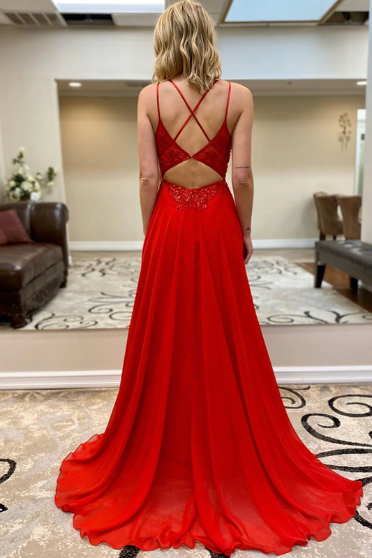 Red V Neck A-Line Sequins Long Formal Prom Dress,DP1298