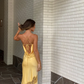 Yellow Backless Lace Slit Party Dress Simple Wedding Guest Dress,DP1302