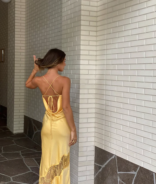 Yellow Backless Lace Slit Party Dress Simple Wedding Guest Dress,DP1302