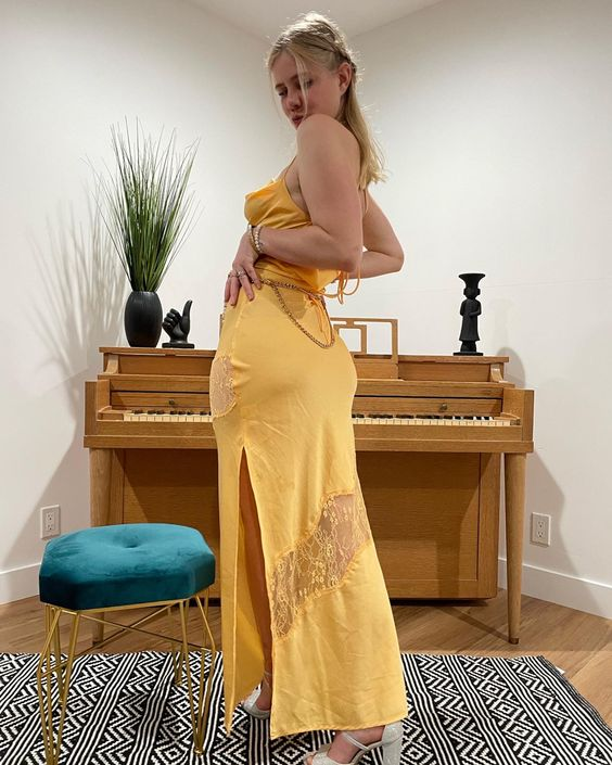 Yellow Backless Lace Slit Party Dress Simple Wedding Guest Dress,DP1302