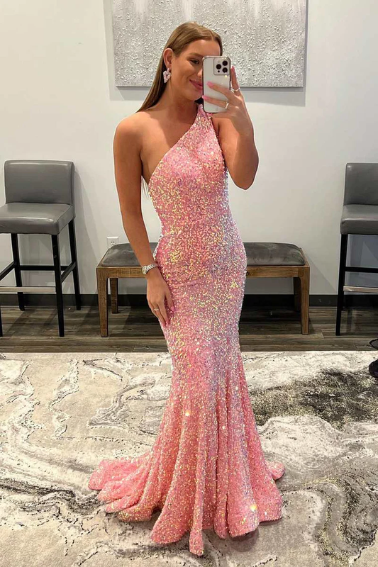 Pink One Shoulder Backless Sequin Mermaid Long Prom Gown,DP1310