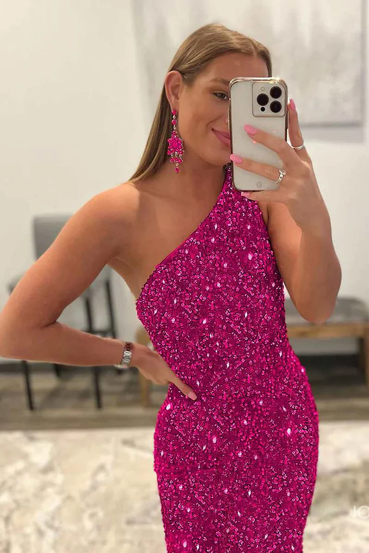 Pink One Shoulder Backless Sequin Mermaid Long Prom Gown,DP1310