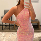 Pink One Shoulder Backless Sequin Mermaid Long Prom Gown,DP1310