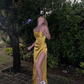 Yellow Satin Long Prom Dress Evening Party Dress with Slit,DP1339