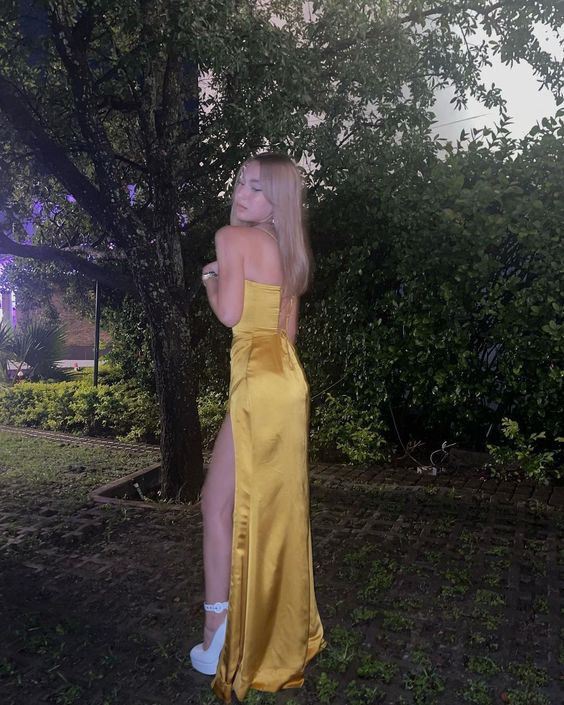 Yellow Satin Long Prom Dress Evening Party Dress with Slit,DP1339