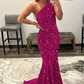 Pink One Shoulder Backless Sequin Mermaid Long Prom Gown,DP1310