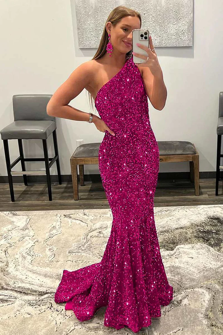 Pink One Shoulder Backless Sequin Mermaid Long Prom Gown,DP1310