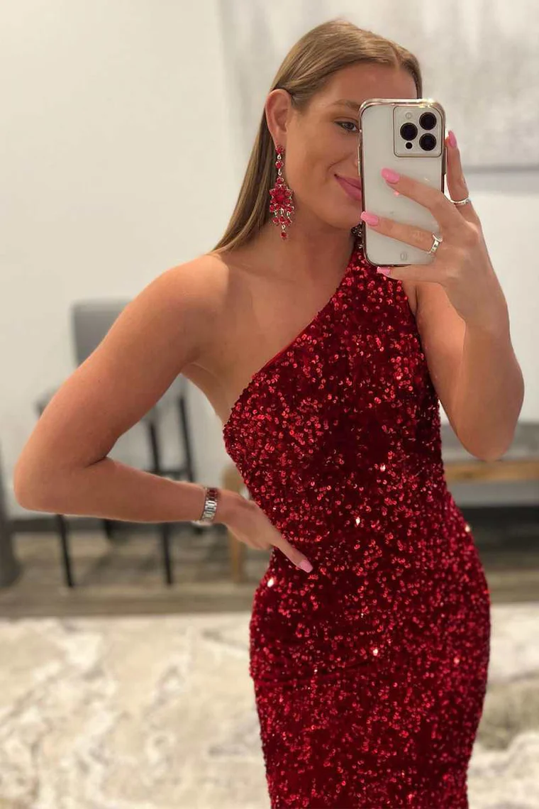 Pink One Shoulder Backless Sequin Mermaid Long Prom Gown,DP1310