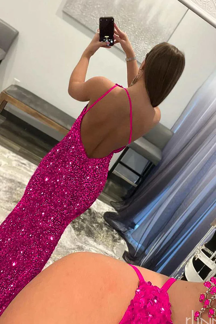 Pink One Shoulder Backless Sequin Mermaid Long Prom Gown,DP1310