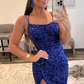 Dark Blue Sequin Scoop Neck Backless Long Formal Dress with Slit,DP1311