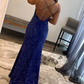 Dark Blue Sequin Scoop Neck Backless Long Formal Dress with Slit,DP1311