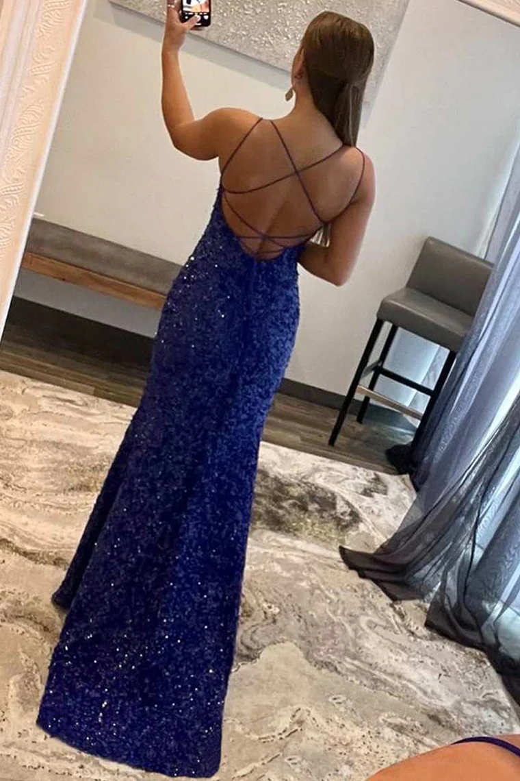 Dark Blue Sequin Scoop Neck Backless Long Formal Dress with Slit,DP1311