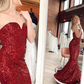 Red Sequin Strapless Mermaid Long Prom Dress Evening Party Dress,DP1313