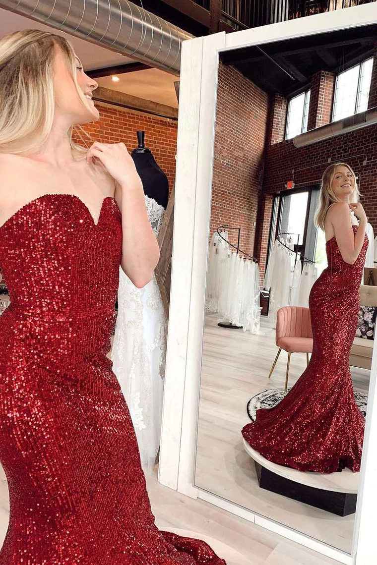 Red Sequin Strapless Mermaid Long Prom Dress Evening Party Dress,DP1313