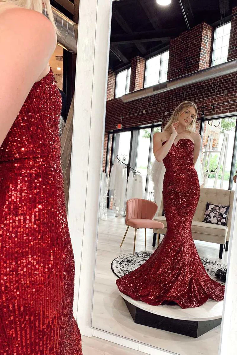 Red Sequin Strapless Mermaid Long Prom Dress Evening Party Dress,DP1313