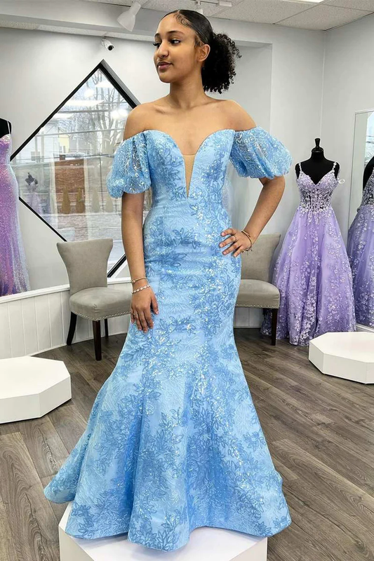 Light Blue Puff Off-Shoulder Mermaid Embroidery Sequined Long Prom Dress,DP1314