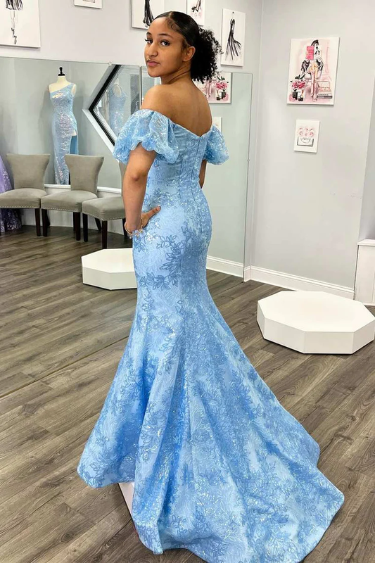 Light Blue Puff Off-Shoulder Mermaid Embroidery Sequined Long Prom Dress,DP1314