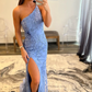 Blue One Shoulder Straps Beaded Applique Long Prom Dress with Slit,DP1316