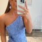 Blue One Shoulder Straps Beaded Applique Long Prom Dress with Slit,DP1316