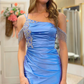 Blue One Shoulder Fringes Mermaid Long Formal Dress with Slit,DP1318