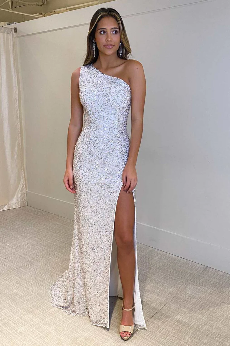 Silver Sequin One-Shoulder Lace-Up Mermaid Long Formal Dress with Slit,DP1319