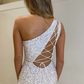 Silver Sequin One-Shoulder Lace-Up Mermaid Long Formal Dress with Slit,DP1319